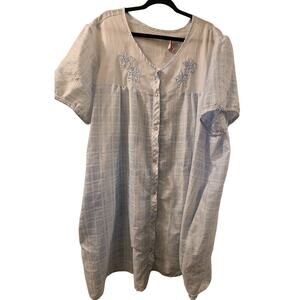 Casual Nights Snap Front House Dress Nightgown Seersucker Blue Floral 3X READ